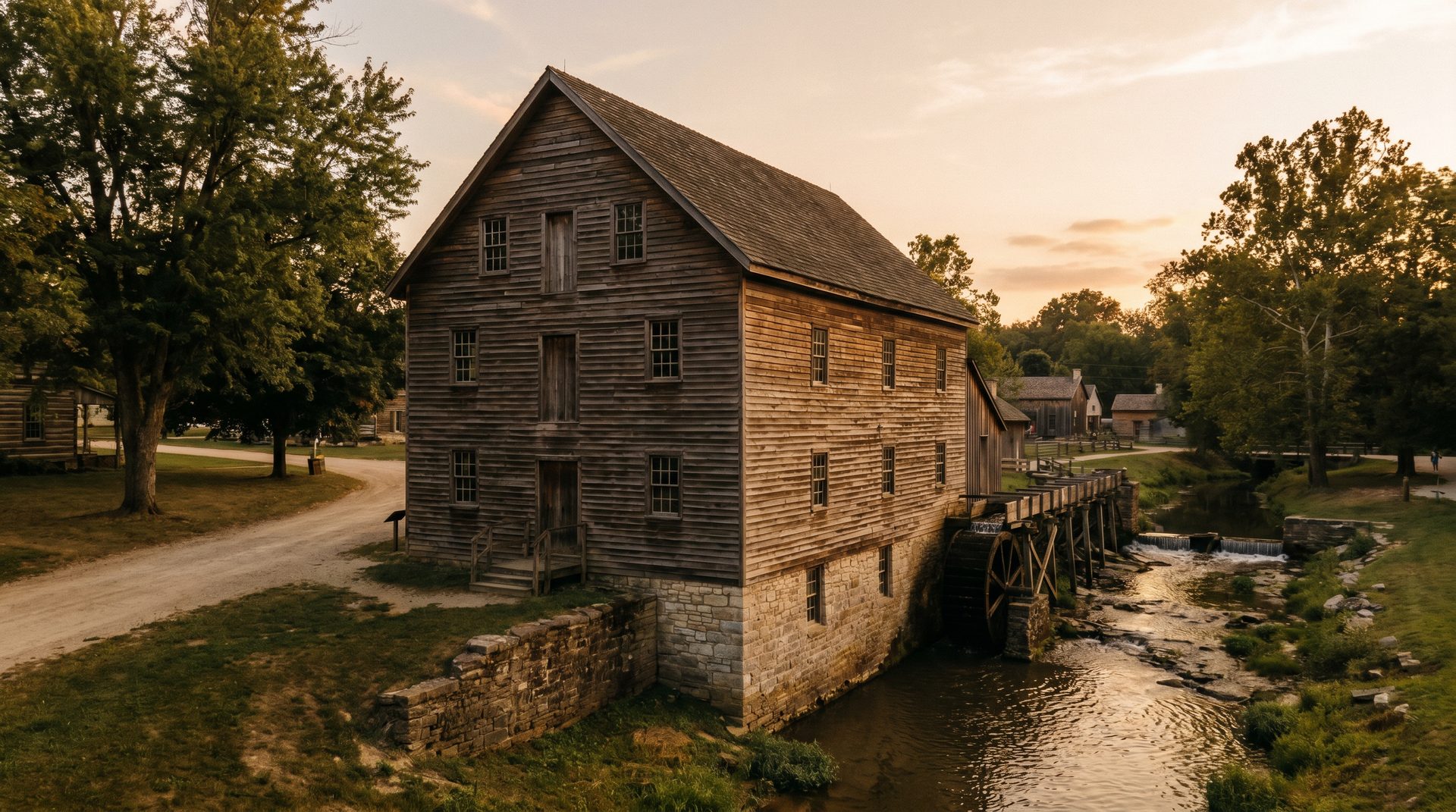 A historic 1800s Centerburg-style timber feed mill at golden hour