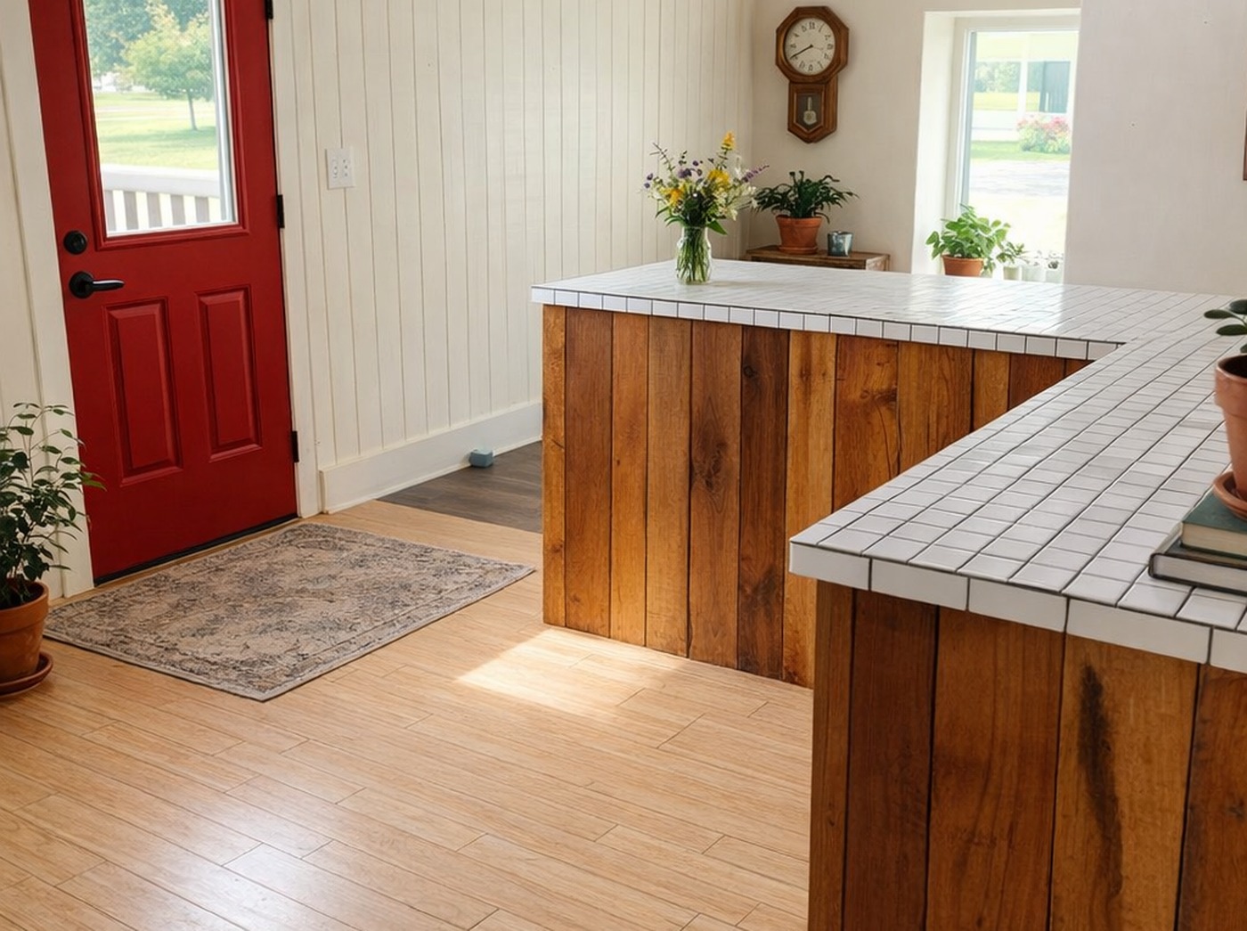 The reclaimed mill-wood reception desk and warm interior of Heart of Ohio Wellness Center